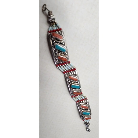 Sterling Silver .925 Coral, Turquoise Bracelet Balinese Made (defect) - Picture 1 of 7